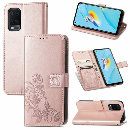 Four-leaf Clasp Embossed Buckle Mobile Phone Protection Leather Case with Lanyard & Card Slot & Wallet & Bracket Function, For OPPO A54  4G, For OPPO A94 5G, For OPPO A94 4G/ F19 Pro, For OPPO Realme 8 / 8 Pro, For OPPO Realme 8 5G / Realme V13 5G