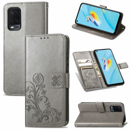 Four-leaf Clasp Embossed Buckle Mobile Phone Protection Leather Case with Lanyard & Card Slot & Wallet & Bracket Function, For OPPO A54  4G, For OPPO A94 5G, For OPPO A94 4G/ F19 Pro, For OPPO Realme 8 / 8 Pro, For OPPO Realme 8 5G / Realme V13 5G