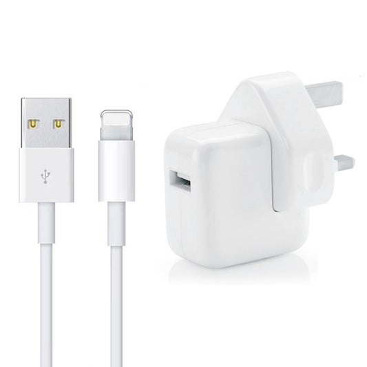 12W USB Charger + USB to 8 Pin Data Cable for iPad / iPhone / iPod Series, UK Plug