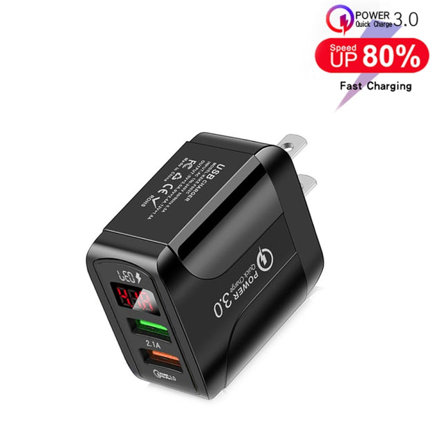 F002C QC3.0 USB + USB 2.0 Fast Charger with LED Digital Display for Mobile Phones and Tablets, US Plug, US Plug