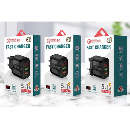 F002C QC3.0 USB + USB 2.0 Fast Charger with LED Digital Display for Mobile Phones and Tablets, UK Plug, UK Plug