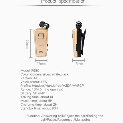 F980 CSR4.1 Retractable Cable Caller Vibration Reminder Anti-theft Bluetooth Headset, White
