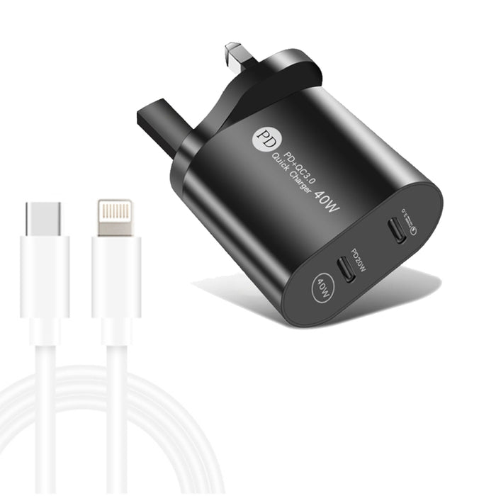 002 40W Dual Port PD / Type-C Fast Charger with USB-C to 8 Pin Data Cable, UK Plug, UK Plug + Type-C to 8 Pin Cable
