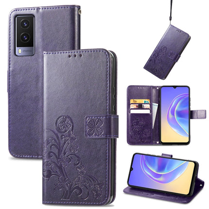 Four-leaf Clasp Embossed Leather Case with Lanyard & Card Slot & Wallet & Holder, For vivo V21e 5G, For vivo Y72 5G, For OPPO Realme C21Y, For vivo IQOO 8 Pro