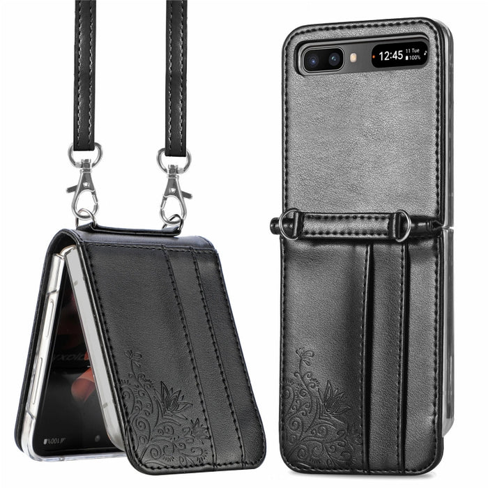 Diagonal Lanyard Embossed Card Phone Case, For Samsung Galaxy Z Flip 3 5G, For Samsung Galaxy Z Flip 5G