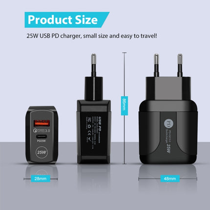 PD25W USB-C / Type-C + QC3.0 USB Dual Ports Fast Charger with USB to Type-C Data Cable, EU Plug, EU Plug + USB to Type-C Cable