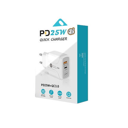 PD25W USB-C / Type-C + QC3.0 USB Dual Ports Fast Charger with USB to Type-C Data Cable, EU Plug, EU Plug + USB to Type-C Cable