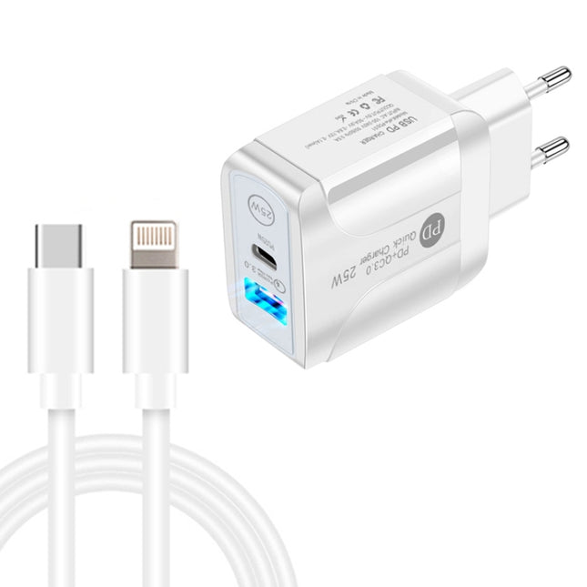 PD25W USB-C / Type-C + QC3.0 USB Dual Ports Fast Charger with USB-C to 8 Pin Data Cable, EU Plug, EU Plug + USB-C to 8 Pin Cable