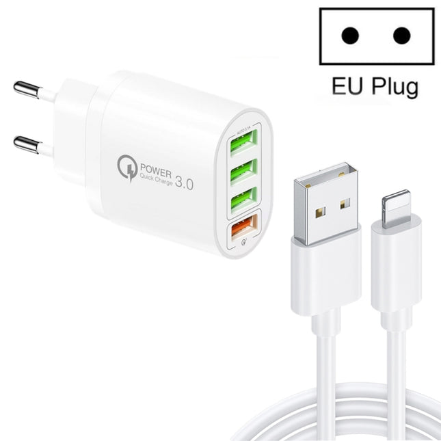 Cargador multipuerto QC-04 QC3.0 + 3 x USB2.0 con cable de datos USB de 3 A a 8 pines, enchufe de la UE, enchufe de la UE + cable de 8 pines