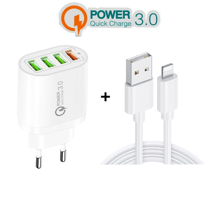 QC-04 QC3.0 + 3 x USB2.0 Multi-Port-Ladegerät mit 3A USB auf 8-Pin-Datenkabel, EU-Stecker, EU-Stecker + 8-Pin-Kabel
