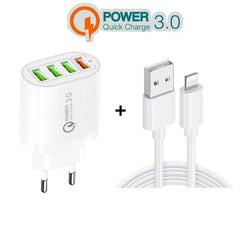 QC-04 QC3.0 + 3 x USB2.0 Multi-ports Charger with 3A USB to 8 Pin Data Cable, EU Plug, EU Plug + 8 Pin Cable