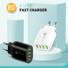 QC-04 QC3.0 + 3 x USB2.0 Multi-ports Charger with 3A USB to 8 Pin Data Cable, EU Plug, EU Plug + 8 Pin Cable