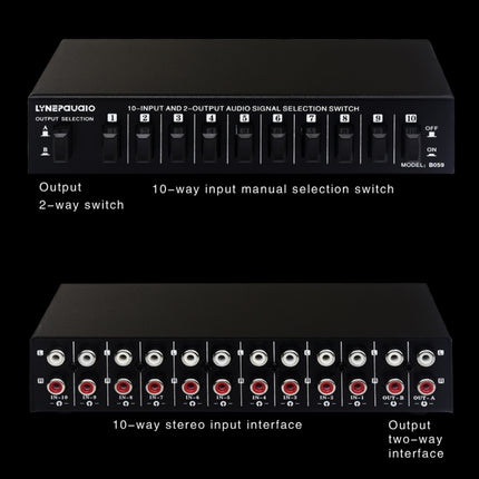 B059 10 In 2 Out / 2 In 10 Out 2-Way RCA Switch Audio Frequency Signal Select Shift Device Loudspeaker Box