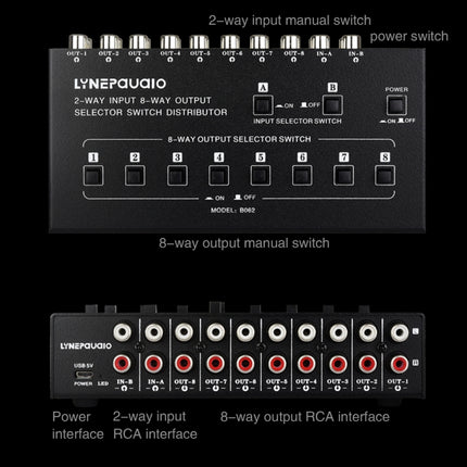 2 In 8 Out RCA Audio Frequency Signal Select Switch Distributor, 2 In 8 Out