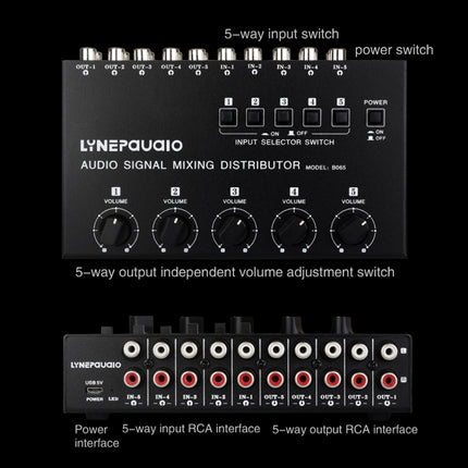 5 In 5 Out Audio Signal Selector Sound Mixing Distribute Device Input Independent Switch, 5 In 5 Out