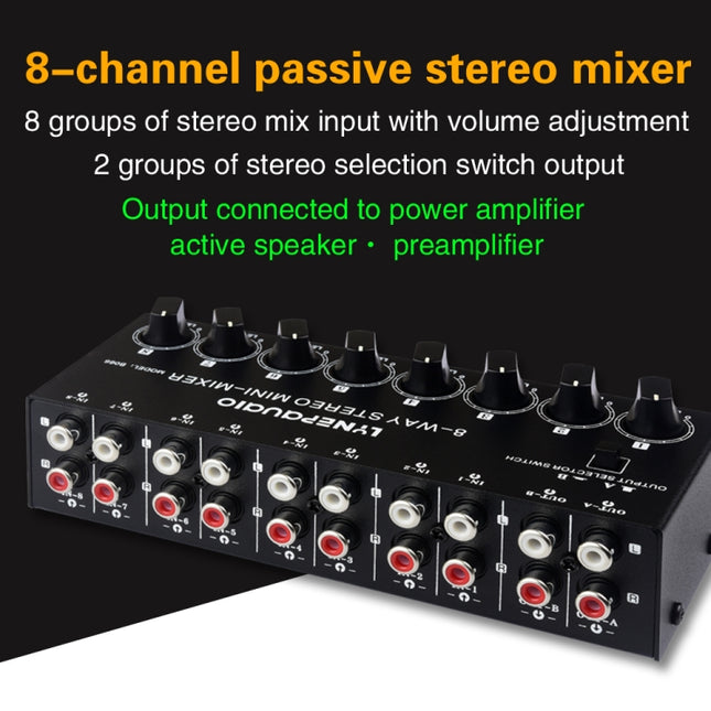 B066 Mini Stereo 8 Channel RCA Non Source Sound Passive Mixer, No Power Supply, 8 Channel RCA