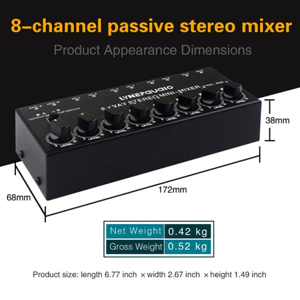 B066 Mini Stereo 8 Channel RCA Non Source Sound Passive Mixer, No Power Supply, 8 Channel RCA