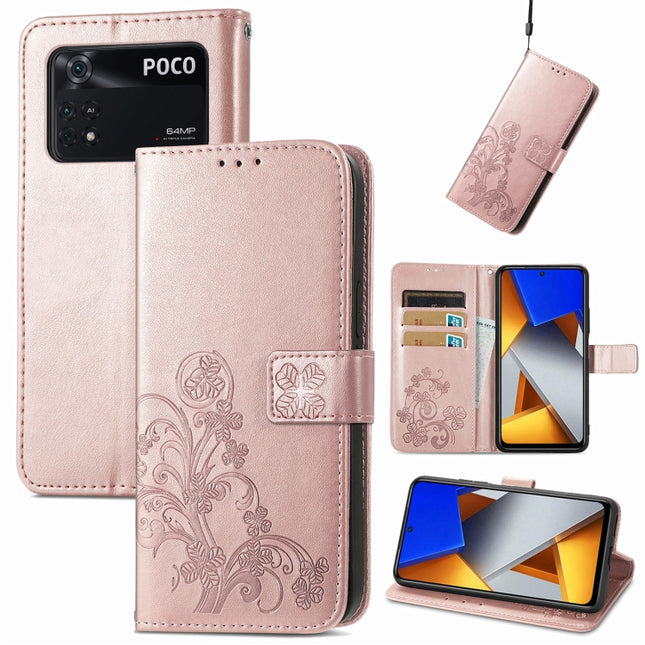 Four-leaf Clasp Embossed Buckle Leather Phone Case, For Xiaomi Poco M4 Pro