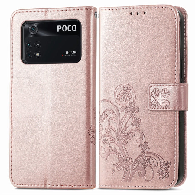 Four-leaf Clasp Embossed Buckle Leather Phone Case, For Xiaomi Poco M4 Pro