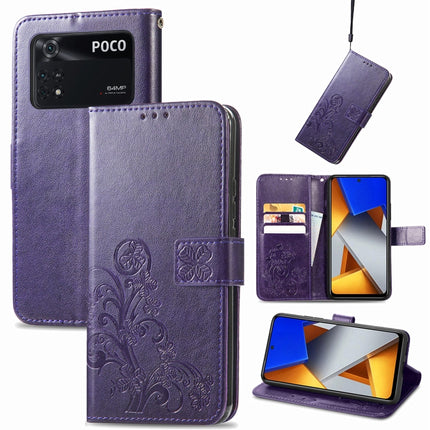 Four-leaf Clasp Embossed Buckle Leather Phone Case, For Xiaomi Poco M4 Pro