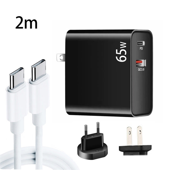 PD-65W USB-C / Type-C + QC3. 0 USB Laptop Charging Adapter + 2m USB-C / Type-C to USB-C / Type-C Data Cable Set, EU Plug / US Plug, USB-C / Type-C Cable, EU Plug / US Plug
