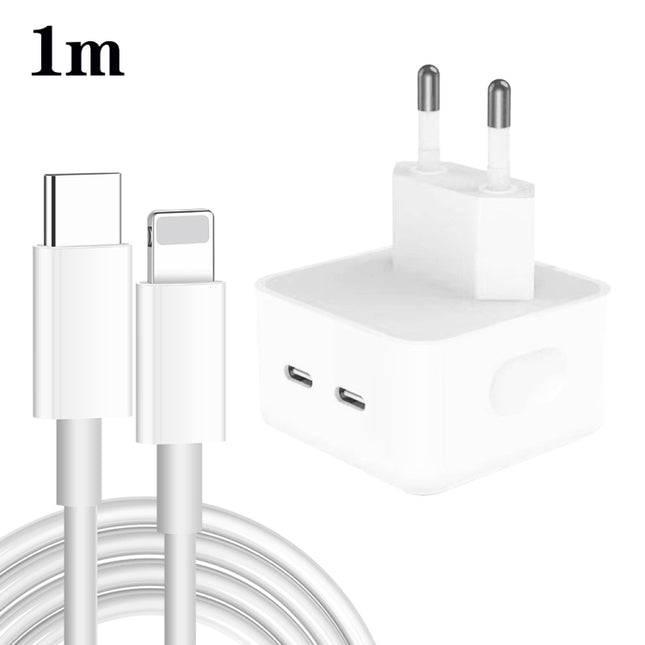 Cargador PD de 35 W con dos puertos USB-C/Tipo-C y cable de datos de tipo C a 8 pines, enchufe de la UE, enchufe de la UE + cable de 8 pines de 1 m