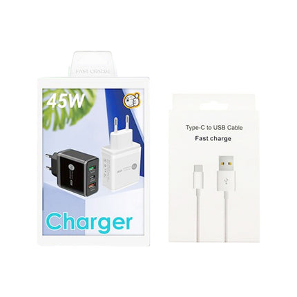 45W PD25W + 2 x QC3.0 USB Multi Port Charger with USB to Type-C Cable, EU Plug, EU Plug + USB to Type-C Cable