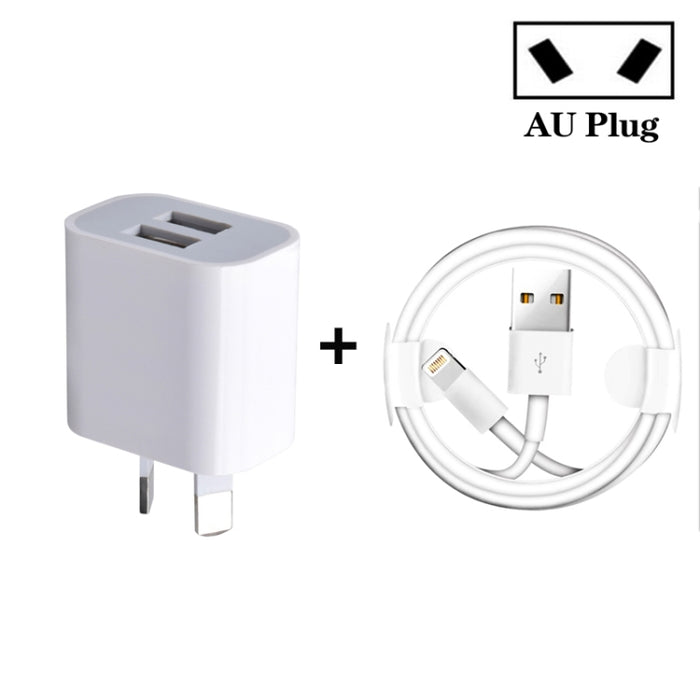 Mini cargador USB de doble puerto con cable de datos USB a 8 pines, enchufe australiano, enchufe australiano + cable de 8 pines