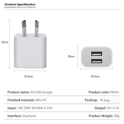 Mini-Dual-Port-USB-Ladegerät mit USB-auf-8-Pin-Datenkabel, AU-Stecker, AU-Stecker + 8-Pin-Kabel.
