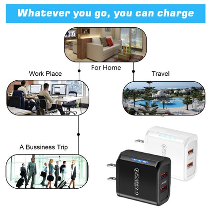 36W Dual Port QC3.0 USB Charger with 3A USB to Type-C Data Cable, US Plug, US Plug + USB to Type-C Cable
