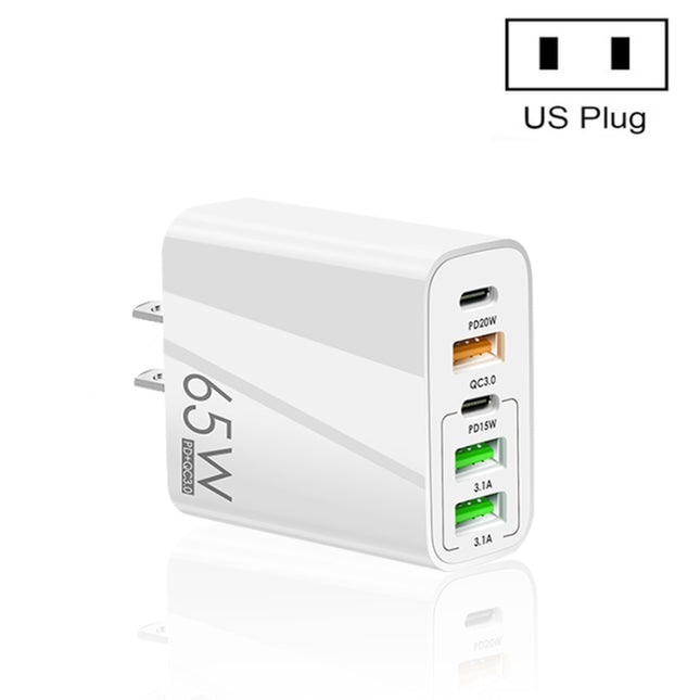 65W Dual PD Type-C + 3 x USB Multi Port Charger for Phone and Tablet PC, US Plug, US Plug