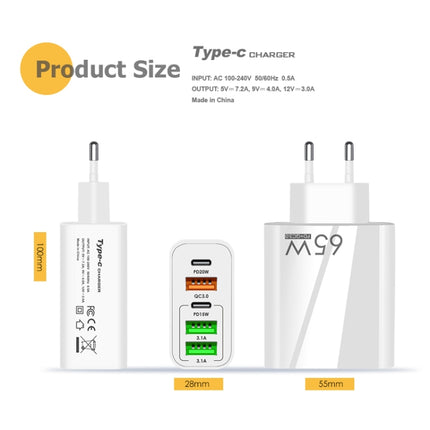 65W Dual PD Type-C + 3 x USB Multi Port Charger with 3A USB to Type-C Data Cable, US Plug, US Plug + USB to Type-C Cable