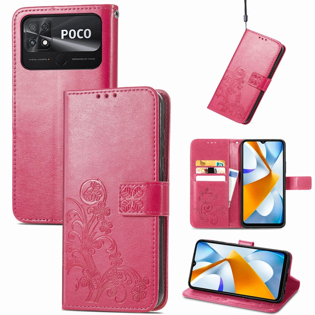 Four-leaf Clasp Embossed Buckle Leather Phone Case, For Xiaomi Poco C40