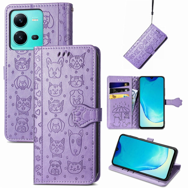 Cute Cat and Dog Embossed Leather Phone Case, For vivo V25