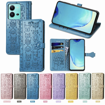 Cute Cat and Dog Embossed Leather Phone Case, For vivo V25