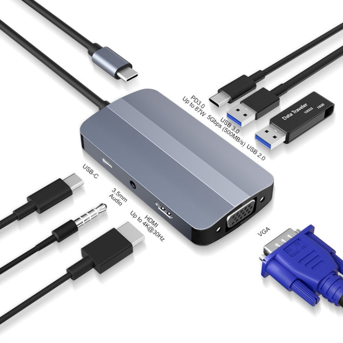 JUNSUNMAY 7 in 1 Type-C to 4K HDMI + VGA + 3.5mm Audio Docking Station Adapter PD Quick Charge Hub, JSM-HUB016