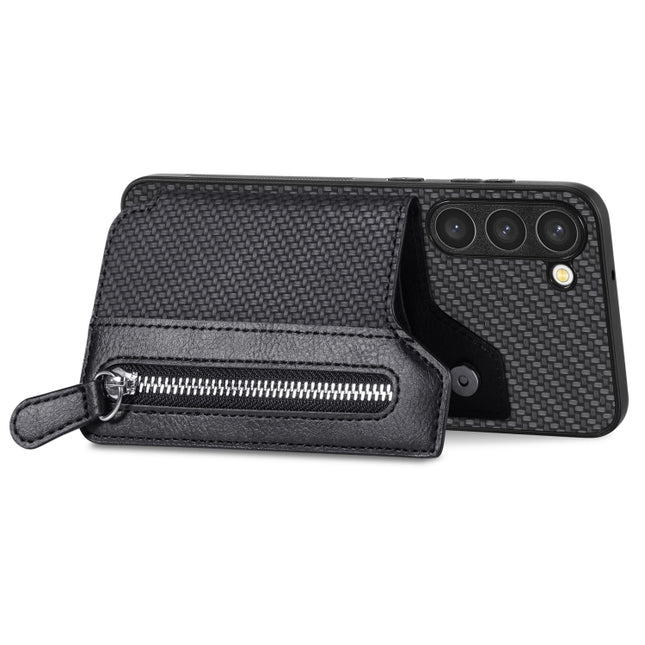 Carbon Ffiber Flip Zipper Wallet Phone Case, For Samsung Galaxy S23 5G, For Samsung Galaxy S23+ 5G, For Samsung Galaxy S23 Ultra 5G