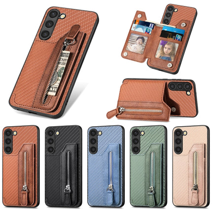 Carbon Ffiber Flip Zipper Wallet Phone Case, For Samsung Galaxy S23 5G, For Samsung Galaxy S23+ 5G, For Samsung Galaxy S23 Ultra 5G