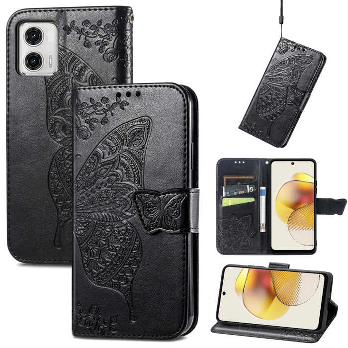 Butterfly Love Flower Embossed Flip Leather Phone Case, For Motorola Moto G73, For Motorola Moto G23, For Motorola Moto E13