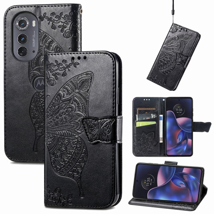 Butterfly Love Flower Embossed Flip Leather Phone Case, For Motorola Edge 2022