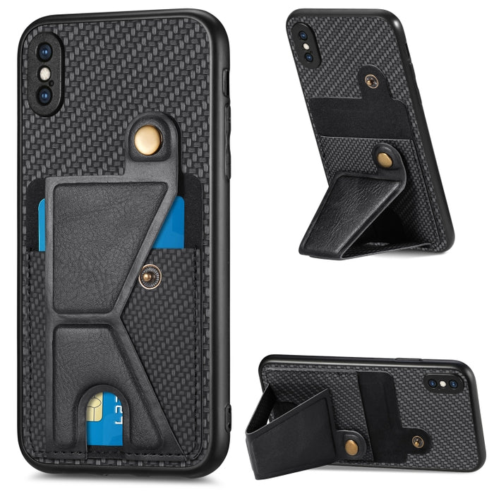 Carbon Fiber Wallet Flip Card K-shaped Holder Phone Case, For iPhone X / XS, For iPhone XR, For iPhone XS Max, For iPhone 11