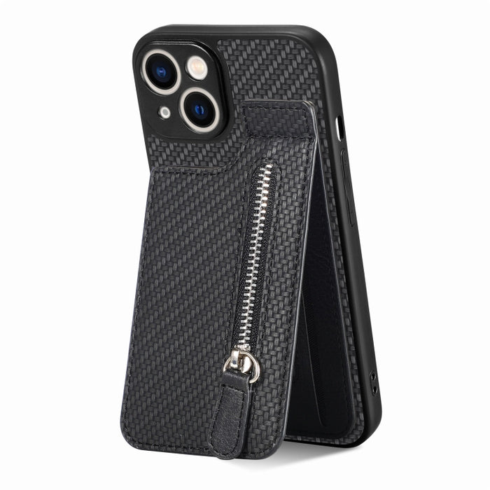 Carbon Fiber Vertical Flip Zipper Phone Case, For iPhone 14, For iPhone 14 Plus, For iPhone 14 Pro, For iPhone 14 Pro Max