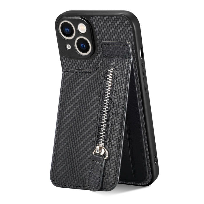 Carbon Fiber Vertical Flip Zipper Phone Case, For iPhone 13, For iPhone 13 mini, For iPhone 13 Pro, For iPhone 13 Pro Max