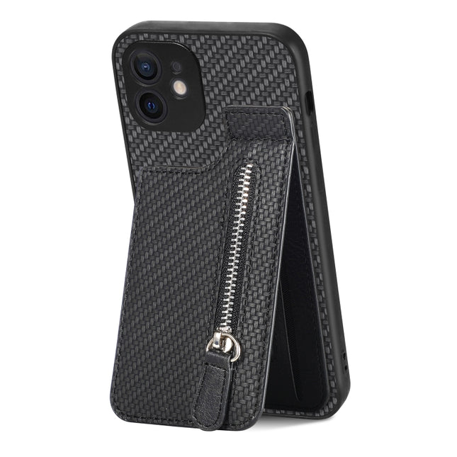 Carbon Fiber Vertical Flip Zipper Phone Case, For iPhone 12 mini, For iPhone 12, For iPhone 12 Pro, For iPhone 12 Pro Max