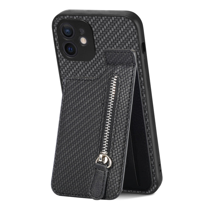 Carbon Fiber Vertical Flip Zipper Phone Case, For iPhone 12 mini, For iPhone 12, For iPhone 12 Pro, For iPhone 12 Pro Max