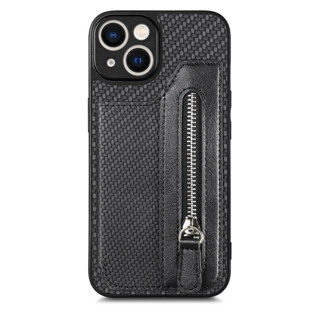 Carbon Fiber Horizontal Flip Zipper Wallet Phone Case, For iPhone 14, For iPhone 14 Pro, For iPhone 14 Plus, For iPhone 14 Pro Max