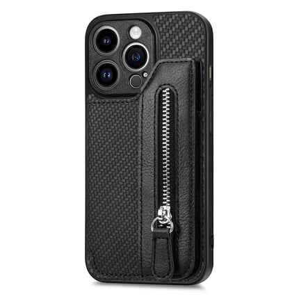 Carbon Fiber Horizontal Flip Zipper Wallet Phone Case, For iPhone 14, For iPhone 14 Pro, For iPhone 14 Plus, For iPhone 14 Pro Max