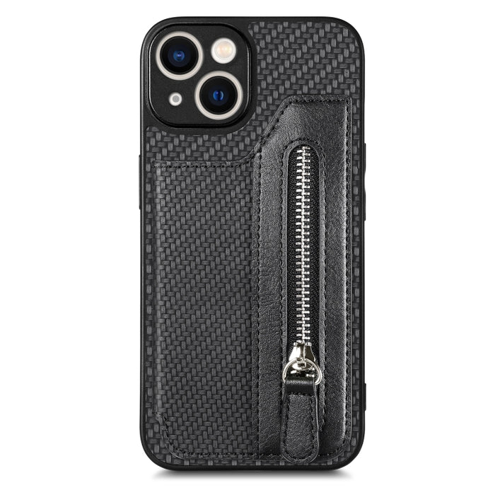 Carbon Fiber Horizontal Flip Zipper Wallet Phone Case, For iPhone 13, For iPhone 13 mini, For iPhone 13 Pro, For iPhone 13 Pro Max
