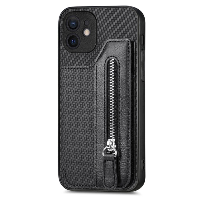 Carbon Fiber Horizontal Flip Zipper Wallet Phone Case, For iPhone 12 mini, For iPhone 12, For iPhone 12 Pro, For iPhone 12 Pro Max