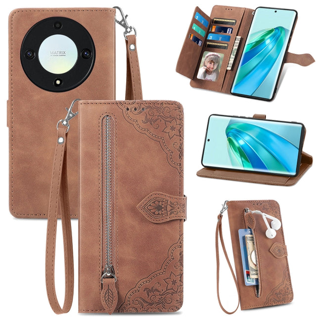 Embossed Flower Zipper Leather Phone Case, For Honor Magic5 Lite, For Honor X40, For Honor X9a